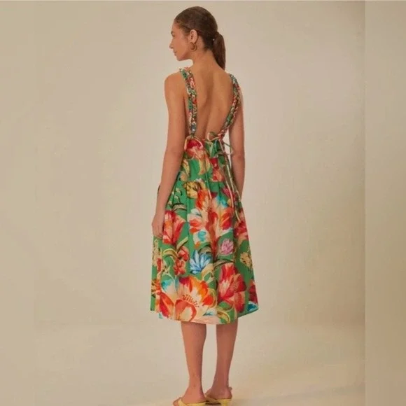 Farm Rio Green Tropicart Midi Dress Tropical Floral Print Braided Straps Large - Picture 3 of 9